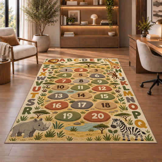 safari alphabet number trail rug displayed in a living room with wooden shelves