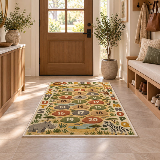 safari alphabet number trail rug displayed in a entryway beside a wooden door