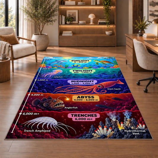 colorful ocean depth zones rug displayed in a living room with wooden shelves