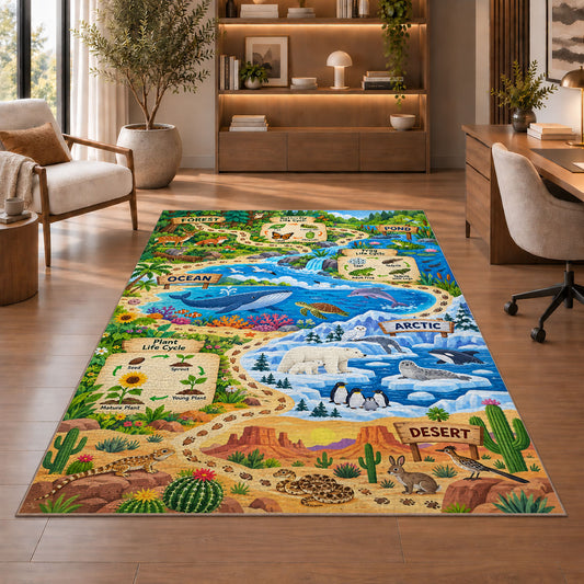 wildlife habitat nature adventure map rug displayed in a living room with wooden shelves
