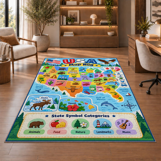 usa state symbols learning map rug displayed in a living room with wooden shelves