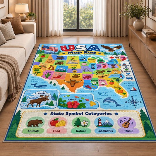 usa state symbols learning map rug displayed in a sunlit lounge beside a sofa