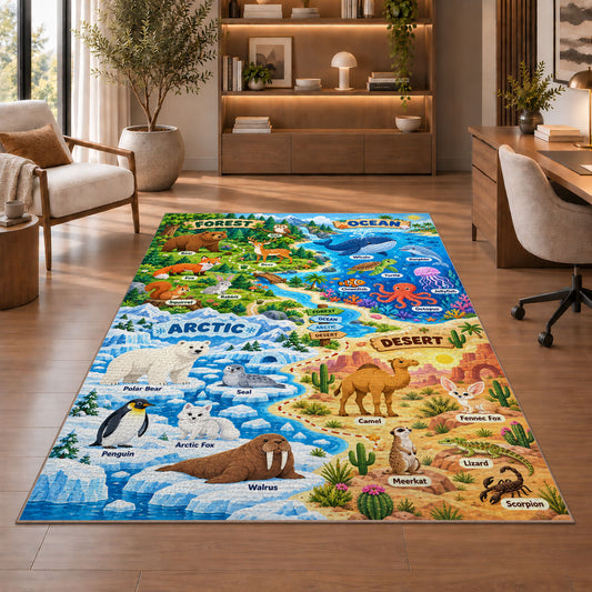 woodland and polar wildlife learning map rug displayed in a living room with wooden shelves