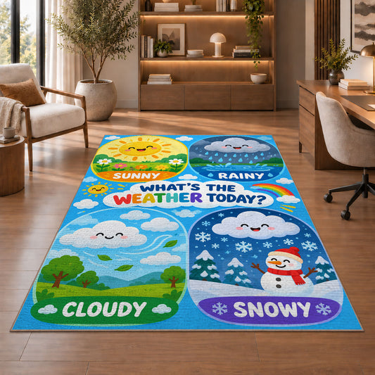 weather today learning panels rug displayed in a living room with wooden shelves