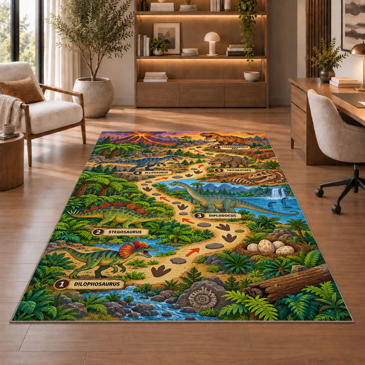 dinosaur footprint adventure rug displayed in a living room with wooden shelves