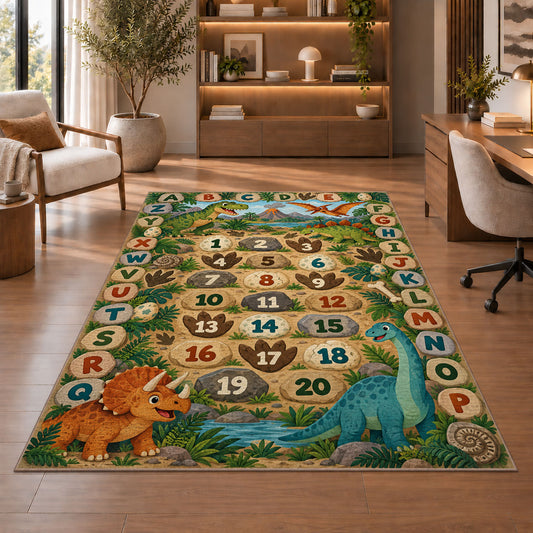 dinosaur alphabet number trail rug displayed in a living room with wooden shelves