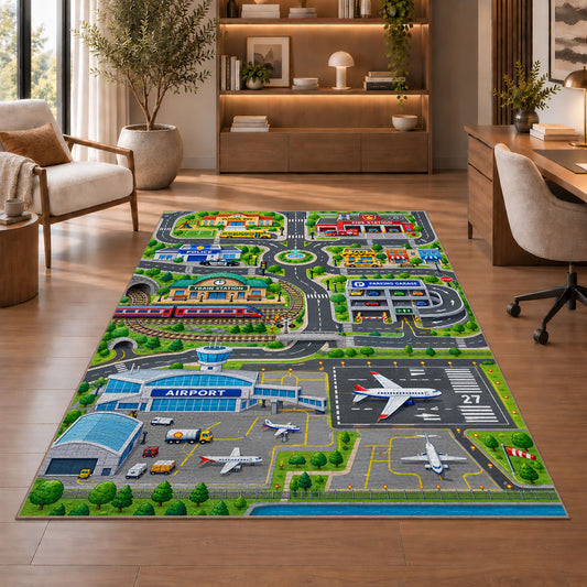 airport city travel map rug displayed in a living room with wooden shelves