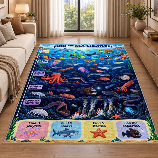 ocean creature search game rug displayed in a sunlit lounge beside a sofa