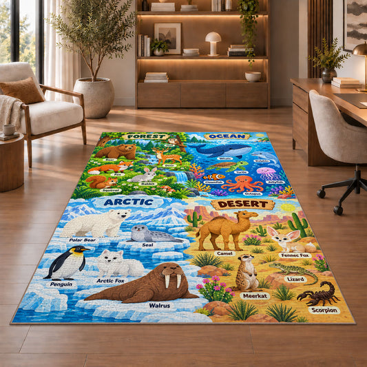 arctic desert and ocean habitat learning rug displayed in a living room with wooden shelves