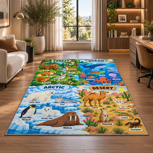 arctic desert and ocean habitat learning rug displayed in a lounge with wooden shelves