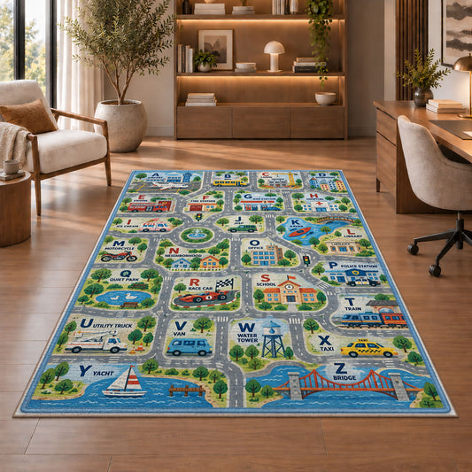 town map alphabet learning rug displayed in a living room with wooden shelves