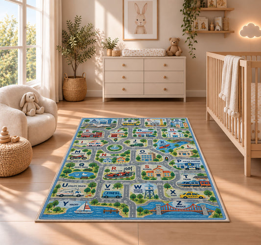 town map alphabet learning rug displayed in a nursery beside a crib