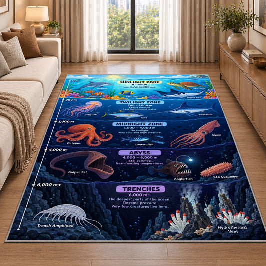 navy ocean layers learning rug displayed in a sunlit lounge beside a sofa