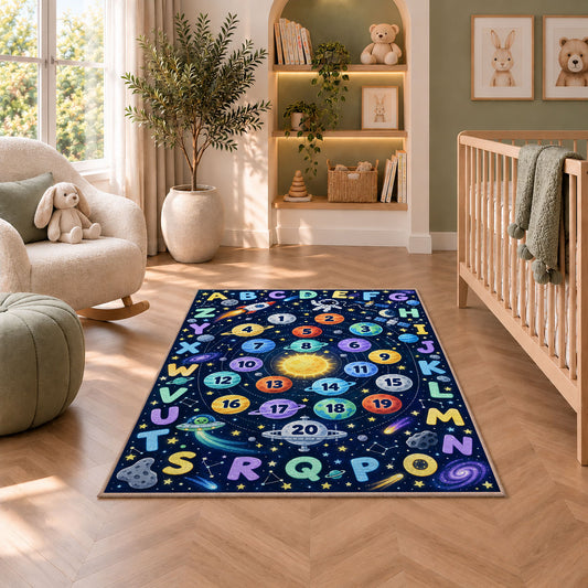 space alphabet number trail rug displayed in a nursery beside an upholstered chair