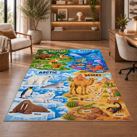 friendly wildlife four habitat explorer rug displayed in a living room with wooden shelves