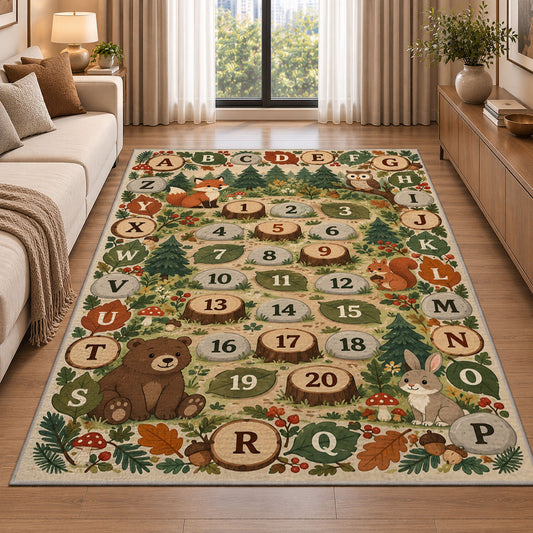 woodland alphabet number trail rug displayed in a sunlit lounge beside a sofa