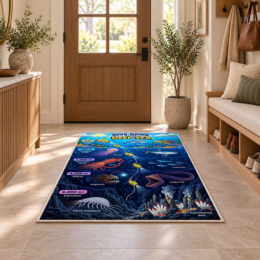 submarine deep sea discovery rug displayed in a entryway beside a wooden door