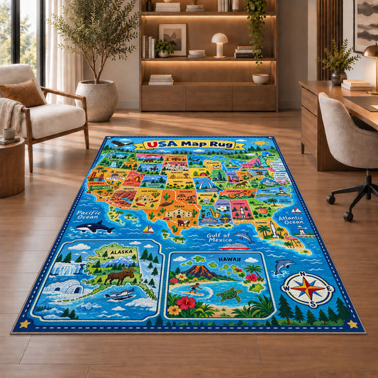 blue usa explorer map rug displayed in a living room with wooden shelves