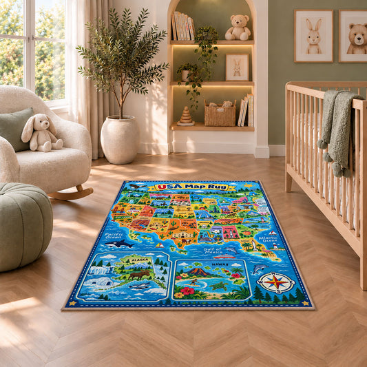 blue usa explorer map rug displayed in a nursery beside an upholstered chair