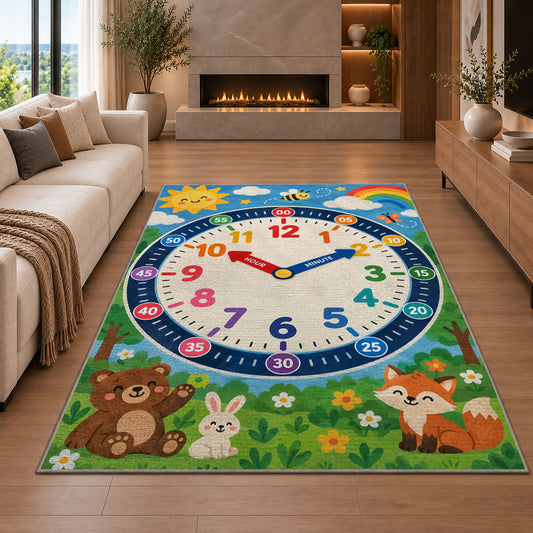 woodland friends learning clock rug displayed in a living room with a fireplace