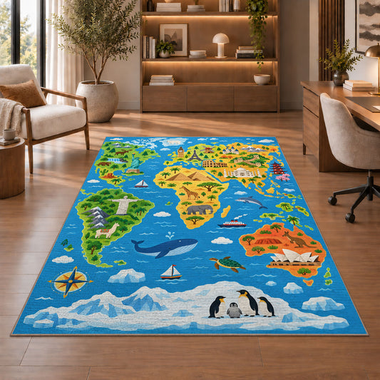 animal world explorer map rug displayed in a living room with wooden shelves
