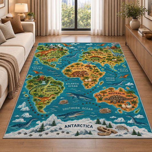 illustrated wildlife world map rug displayed in a sunlit lounge beside a sofa
