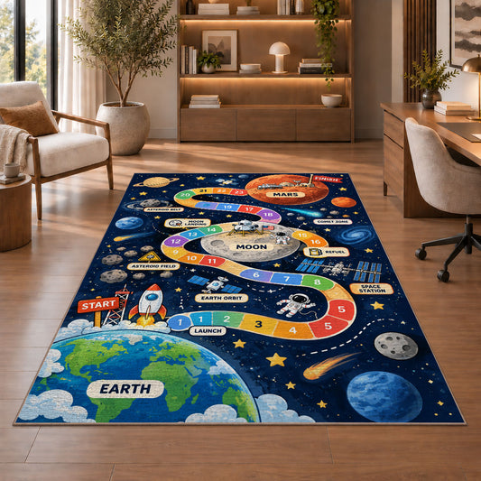 earth to mars rocket journey play map rug displayed in a living room with wooden shelves