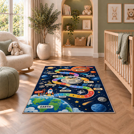 earth to mars rocket journey play map rug displayed in a nursery beside an upholstered chair