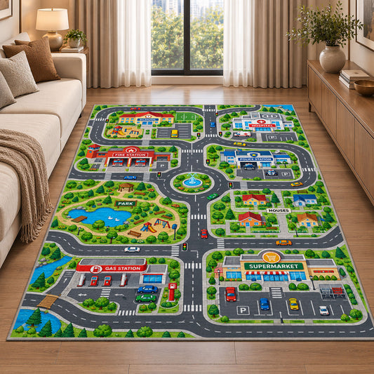 community roads park map rug displayed in a sunlit lounge beside a sofa