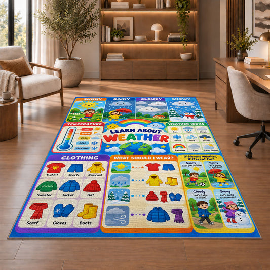 weather and clothing learning chart rug displayed in a living room with wooden shelves