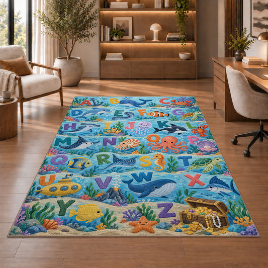 ocean animal alphabet rug displayed in a living room with wooden shelves
