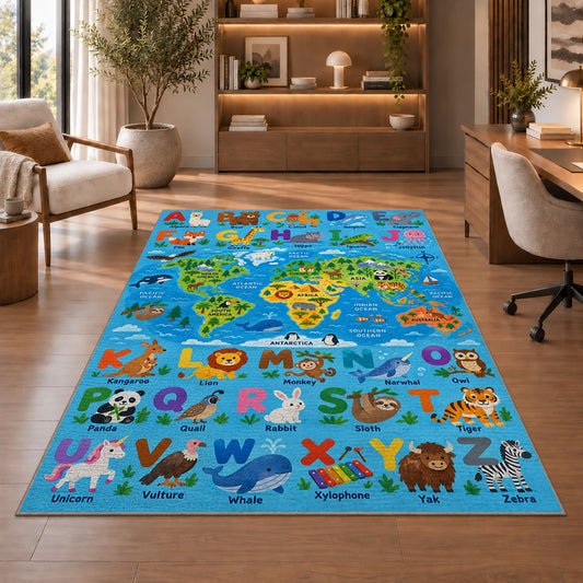 bright animal alphabet map rug displayed in a living room with wooden shelves