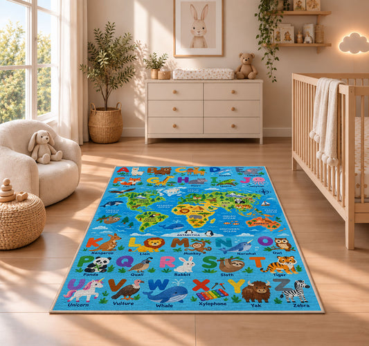 bright animal alphabet map rug displayed in a nursery beside a crib