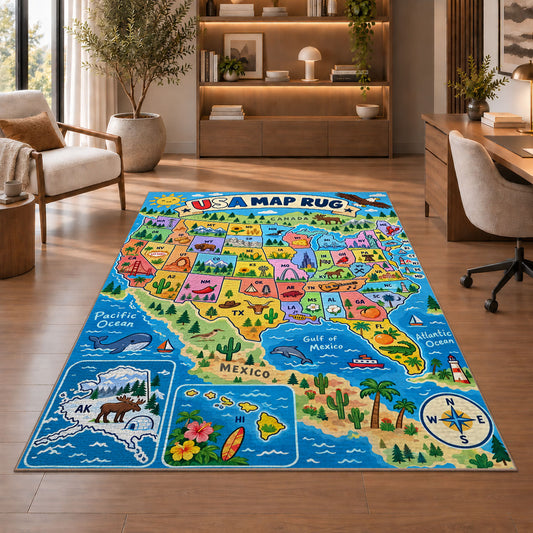 usa nature state map rug displayed in a living room with wooden shelves