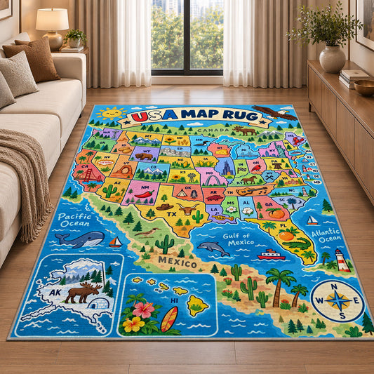 usa nature state map rug displayed in a sunlit lounge beside a sofa