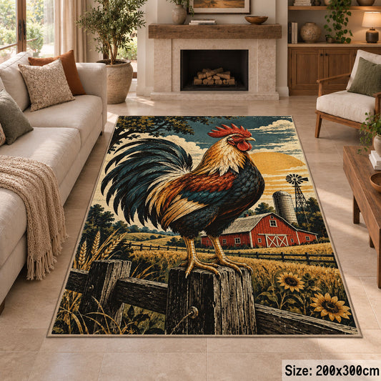 Rooster Farm Equipment Collage area rug shown in a sitting room