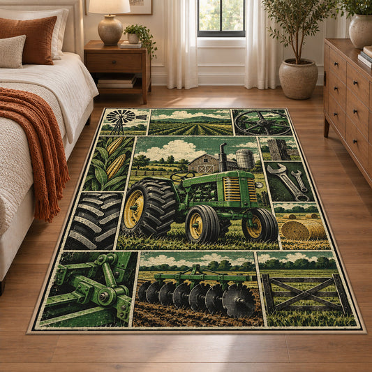Vintage Tractor Field Grid area rug shown in a bedroom
