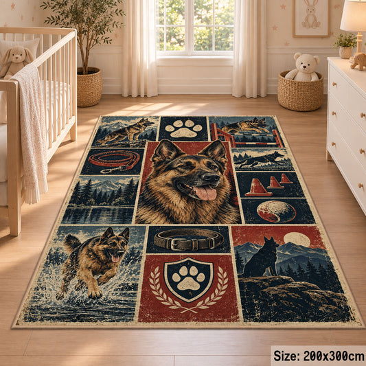 Dog Portrait Adventure Grid area rug shown in a nursery