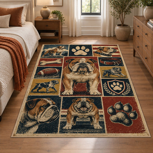 Dog Breed Patchwork area rug shown in a bedroom