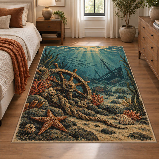 Anchor Coastal Landscape area rug shown in a bedroom