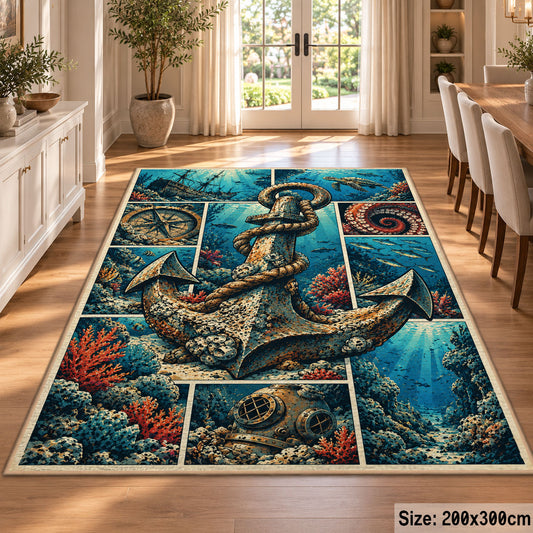 Ocean Anchor Collage area rug shown in a dining room