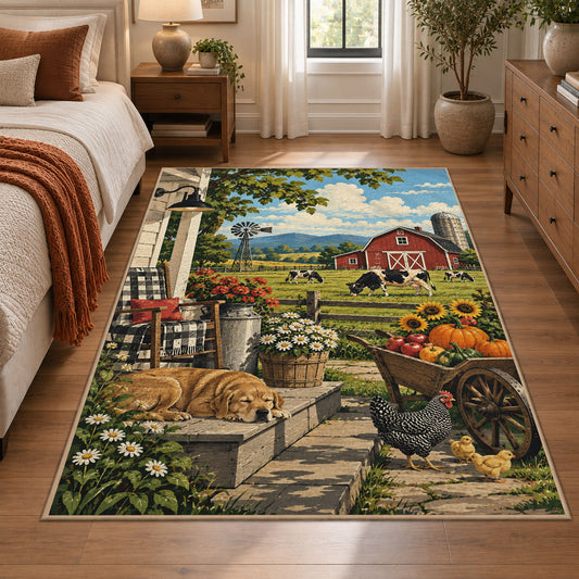 Farm Harvest Still Life area rug shown in a bedroom