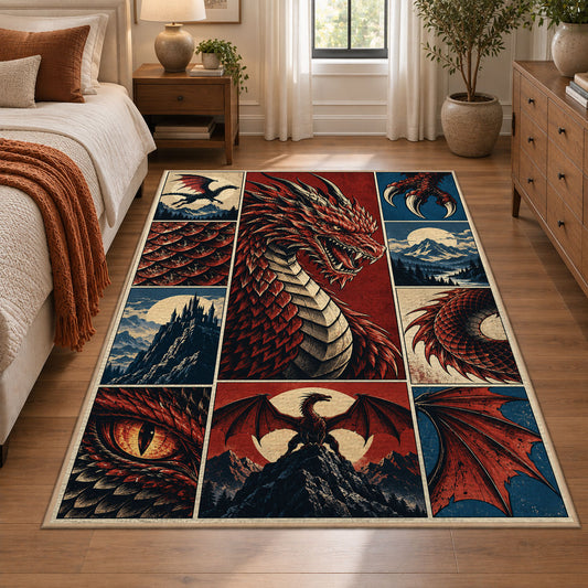 Red Dragon Fantasy Grid area rug shown in a bedroom