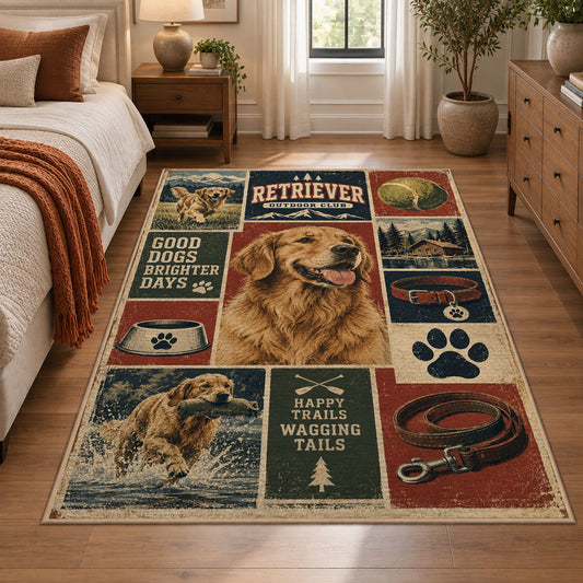 Dog Lover Adventure Collage area rug shown in a bedroom