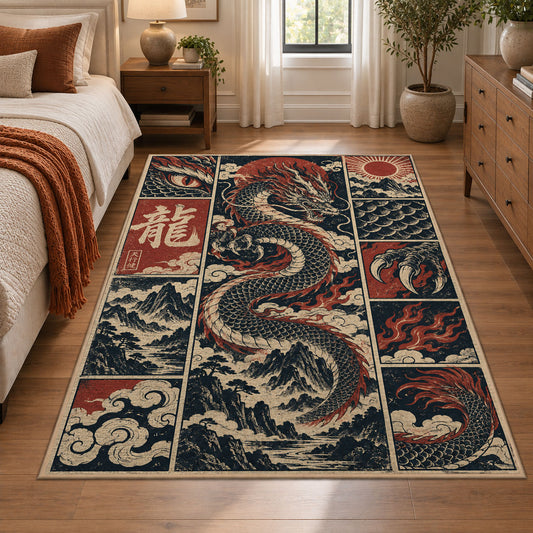Dragon Fantasy Patchwork area rug shown in a bedroom