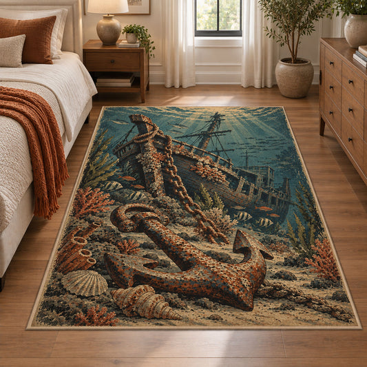 Weathered Anchor Seascape area rug shown in a bedroom