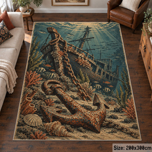 Weathered Anchor Seascape area rug shown in a living room