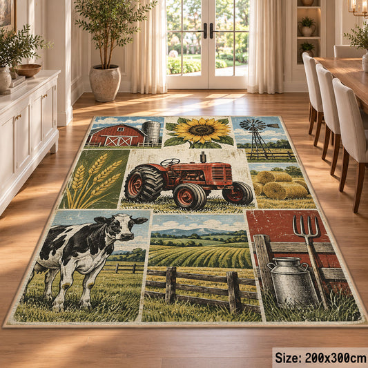 Tractor Country Fields Grid area rug shown in a dining room