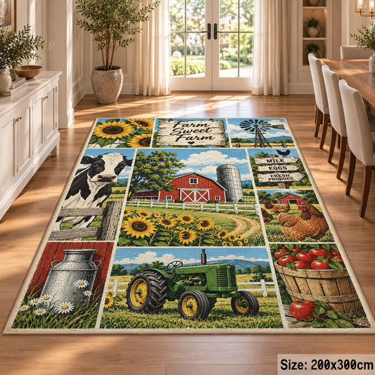 Farm Life Patchwork area rug shown in a dining room