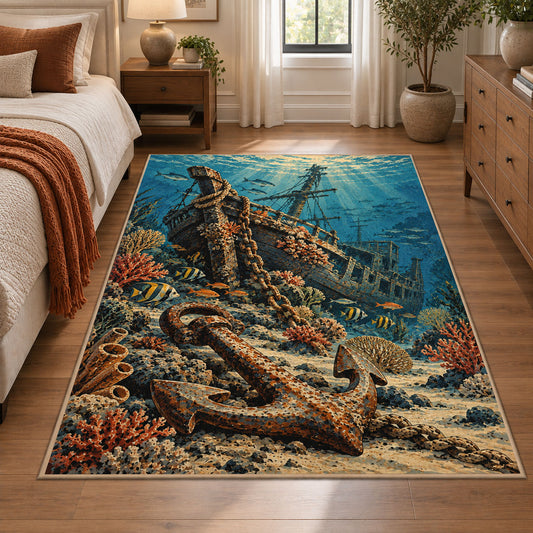 Coastal Anchor Seascape area rug shown in a bedroom